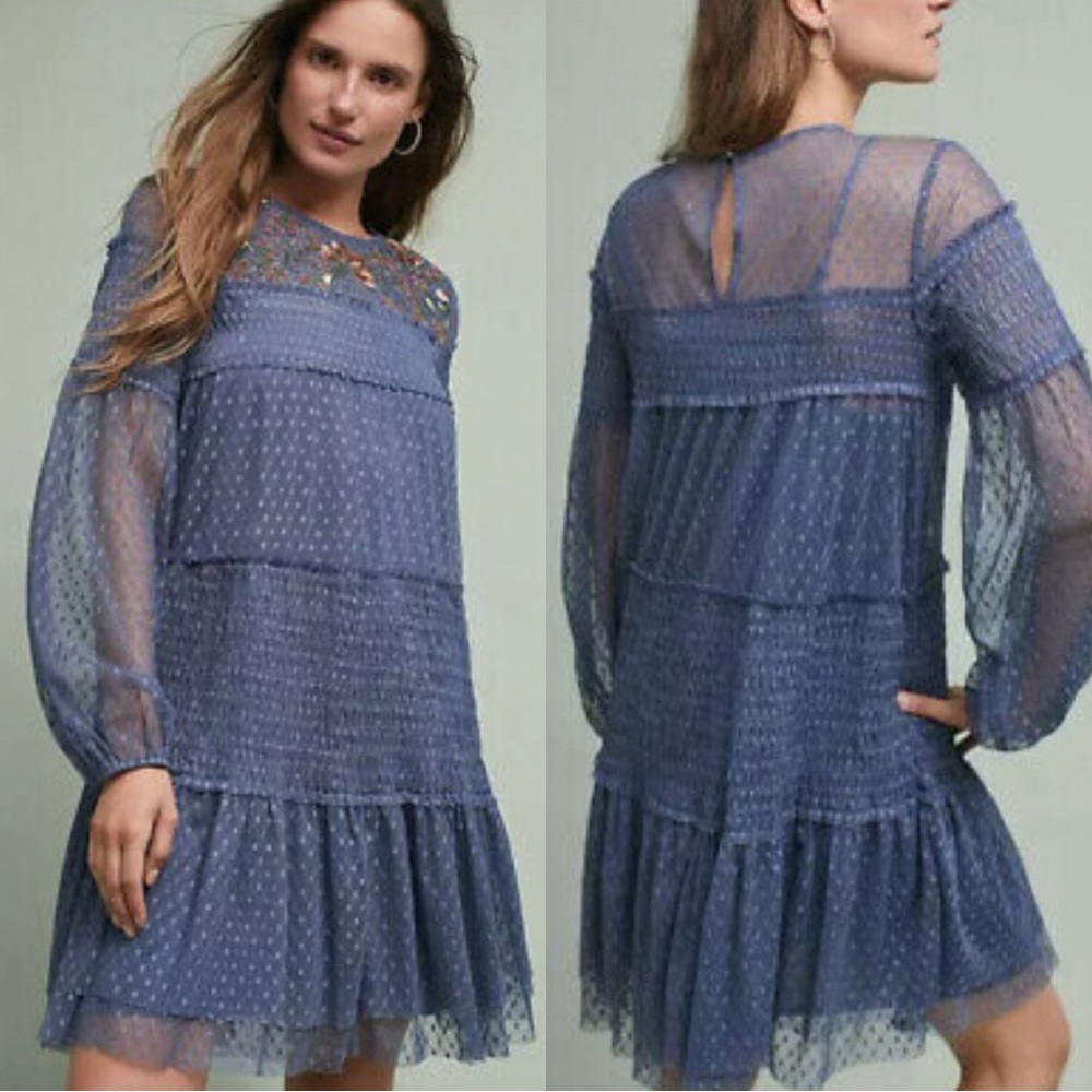 Anthropologie Maeve Samara Blue Dot Mesh Dress with Floral Embroidery - Size M